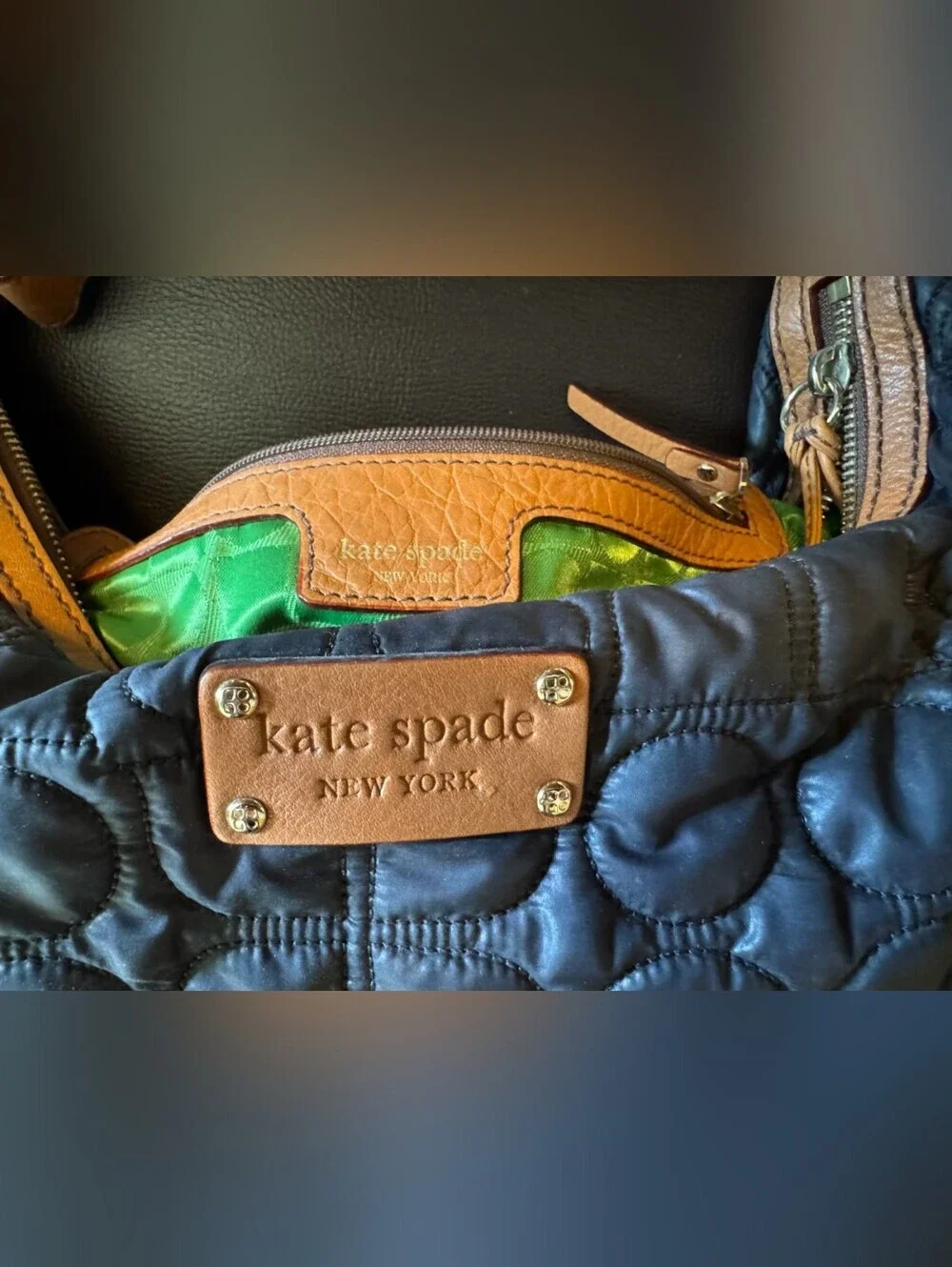 kate spade Black Quilted Shoulder Bag with Tan Leather Trim and Tassels